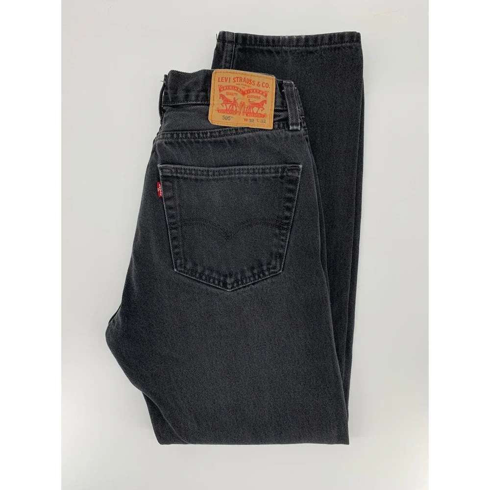Levi 505 Jeans Mens 32x32 Black Solid 100% Cotton Distressed Straight Leg‎